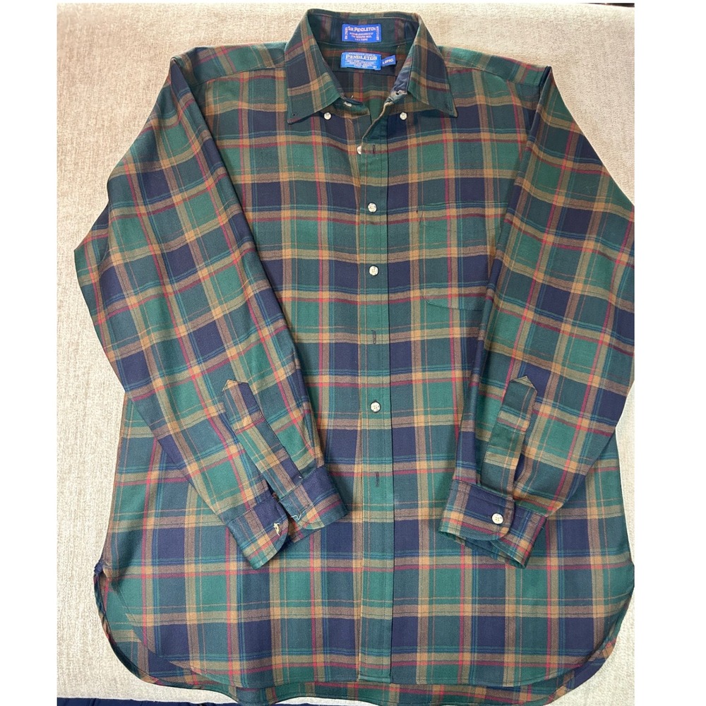 Sir Pendleton Wool Plaid Shirt Mens Large Long Green Navy Brown Button Down
